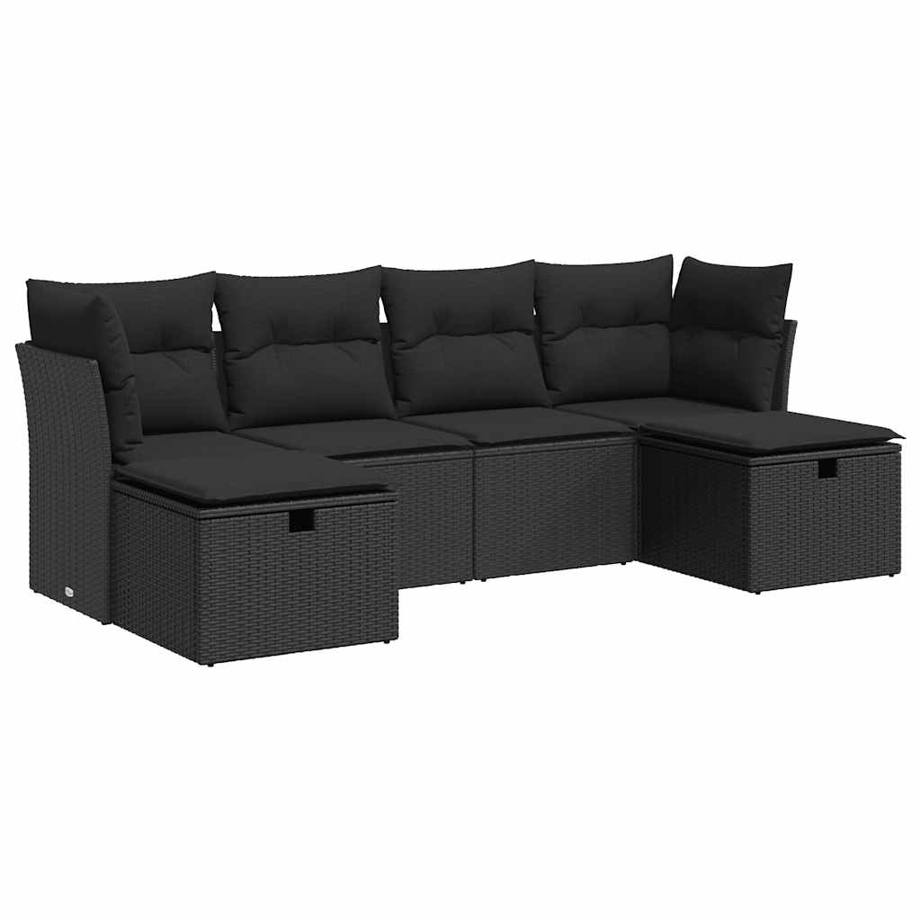 Set Divano da Giardino 6 pz con Cuscini Nero in Polyrattan