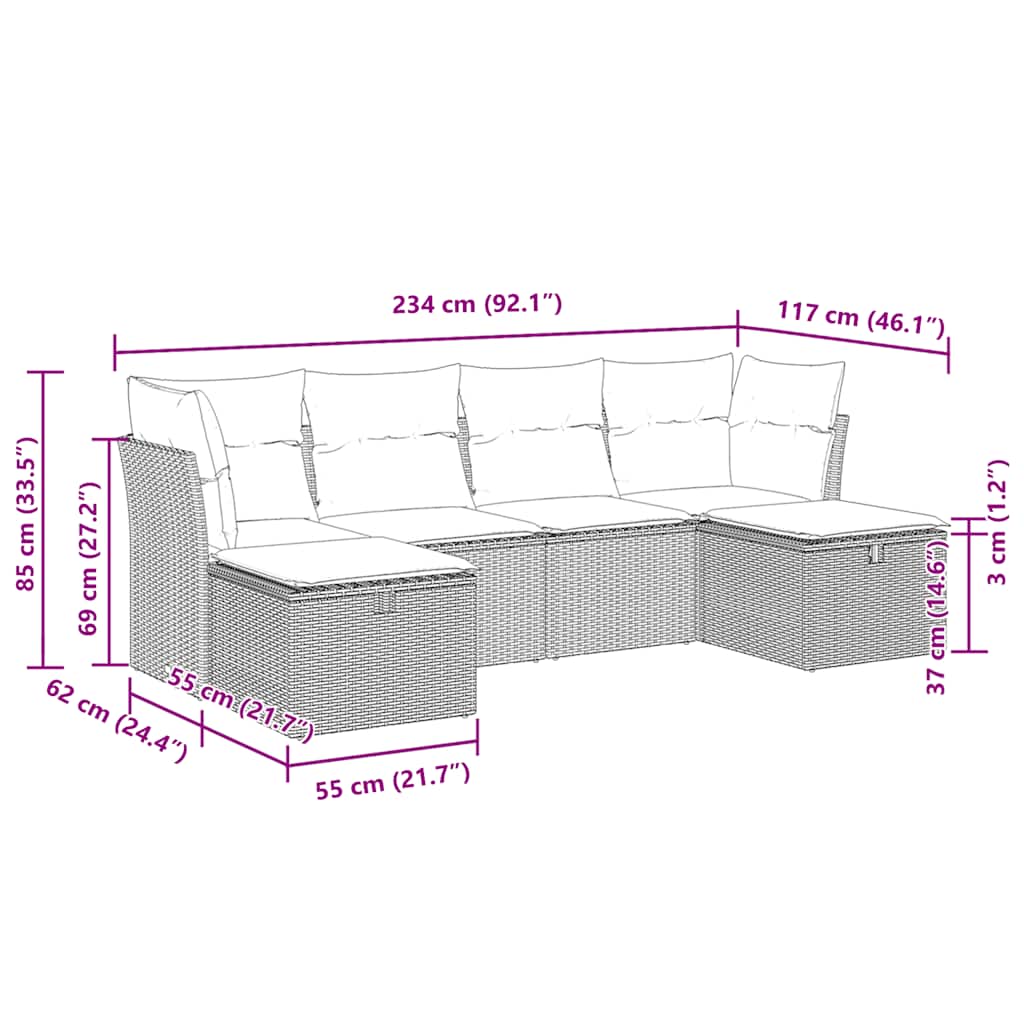 Set Divano da Giardino 6 pz con Cuscini Nero in Polyrattan