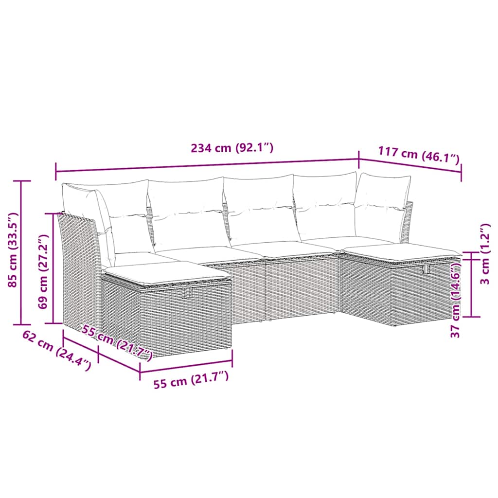 Set Divano da Giardino 6pz con Cuscini Grigio Chiaro Polyrattan