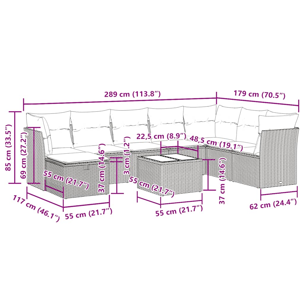 Set Divani da Giardino 9pz con Cuscini Marrone in Polyrattan