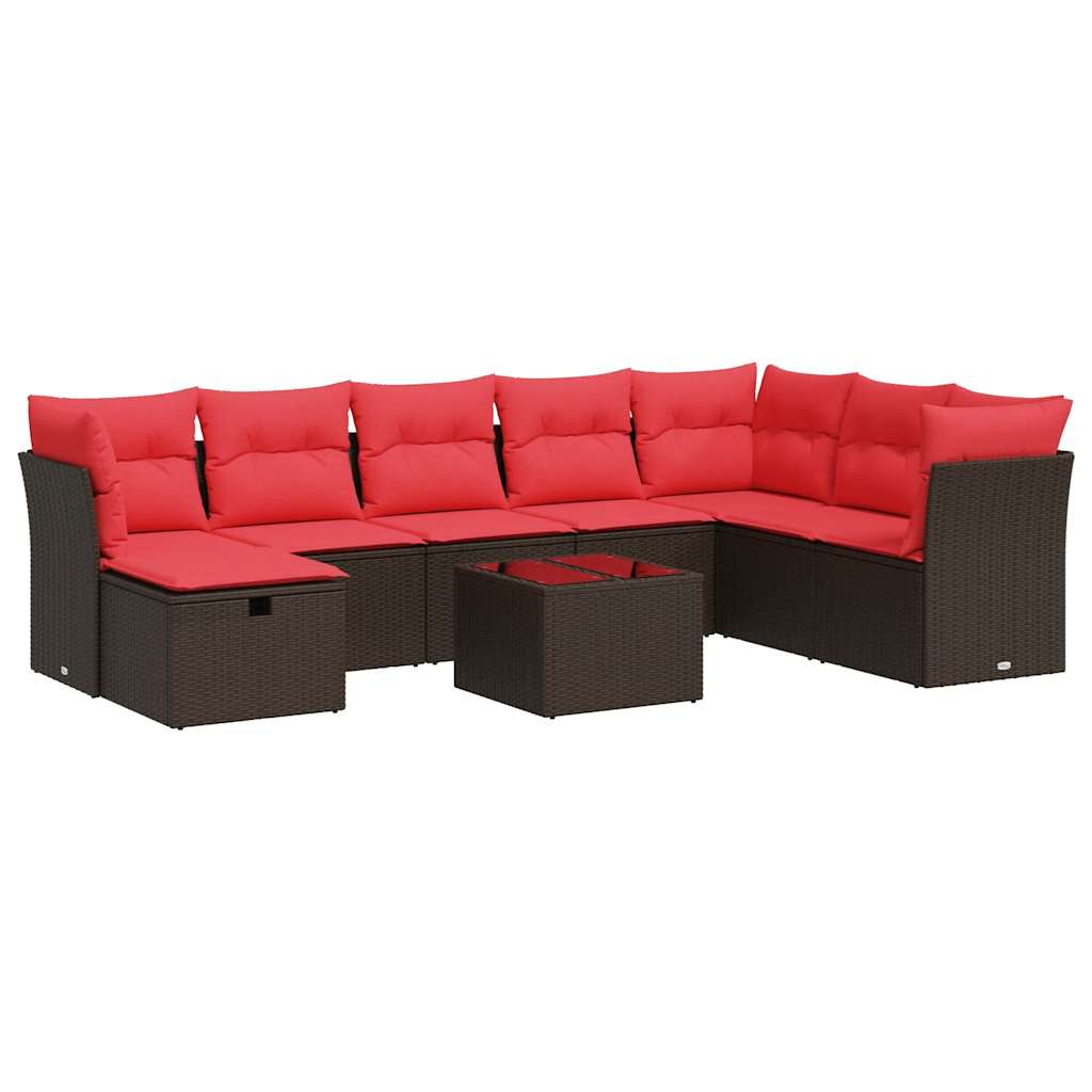 Set Divani da Giardino 9pz con Cuscini Marrone in Polyrattan