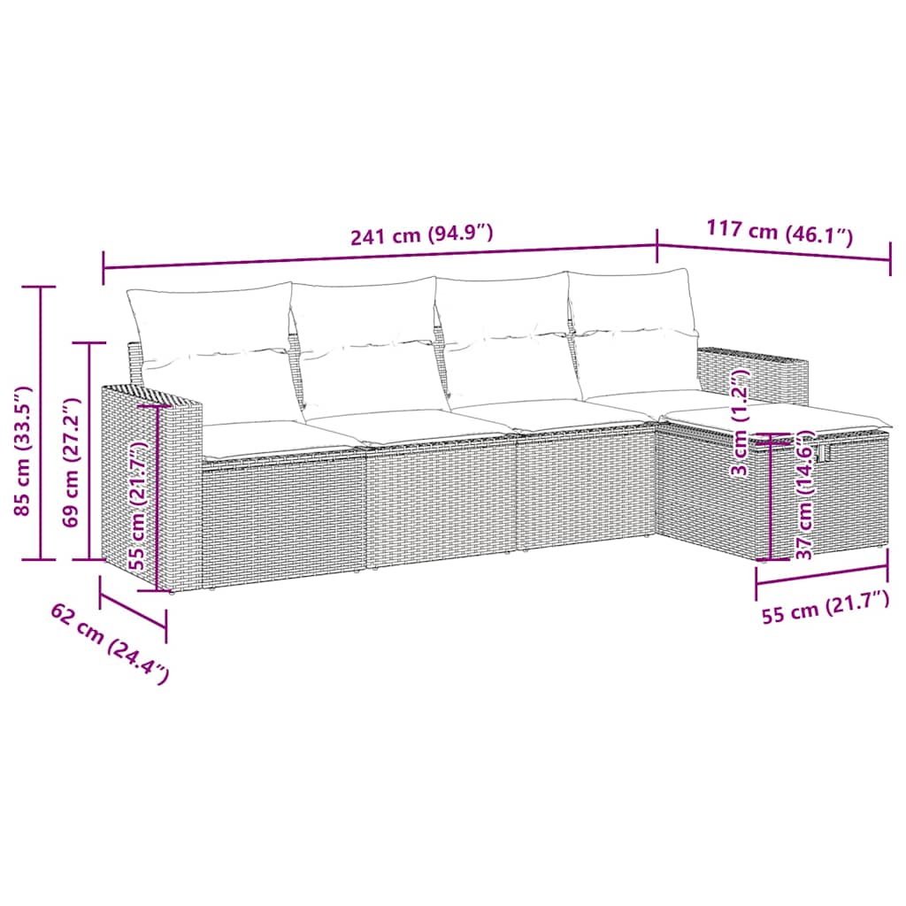 Set Divani da Giardino 5 pz con Cuscini in Polyrattan Nero
