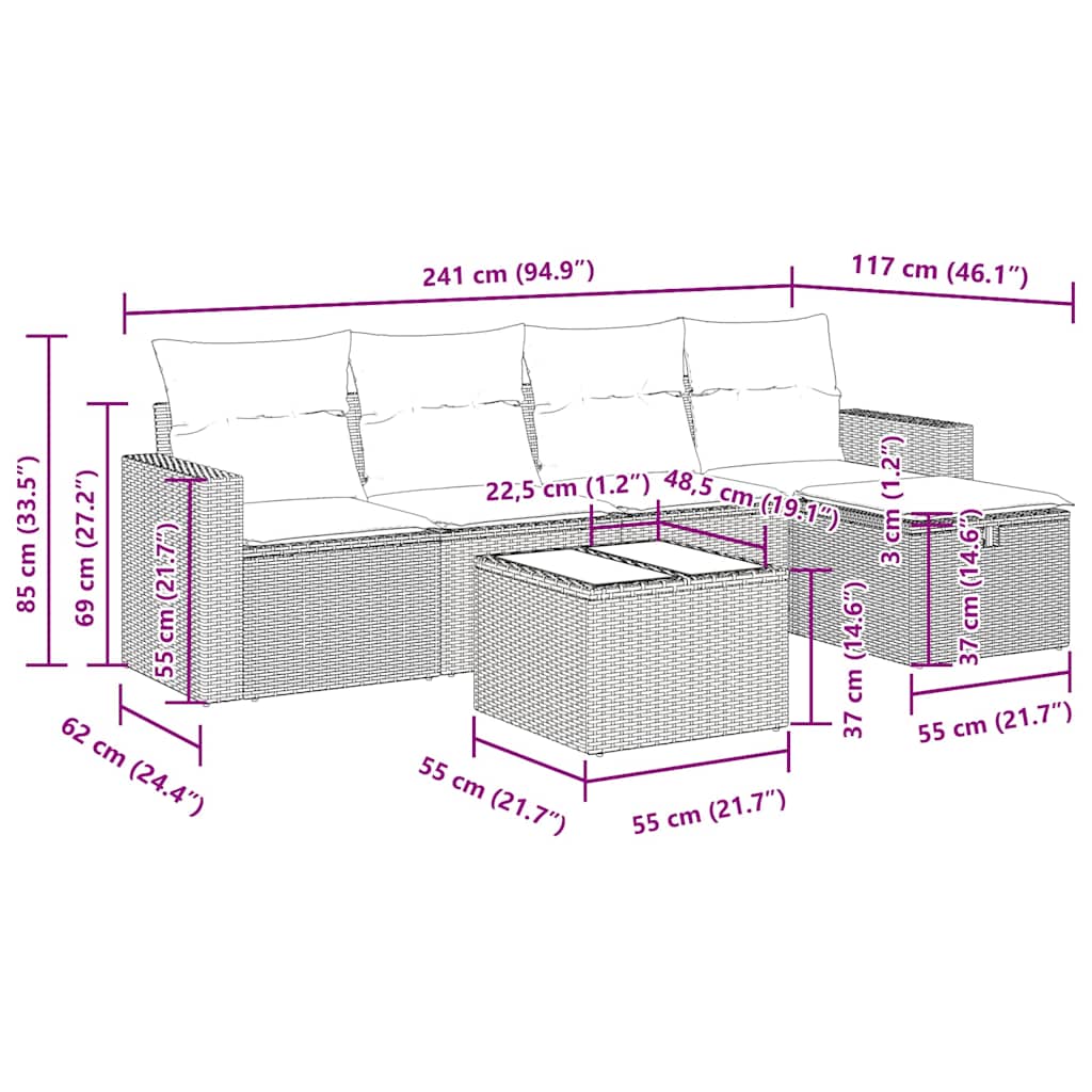 Set Divano da Giardino 6 pz con Cuscini Nero in Polyrattan