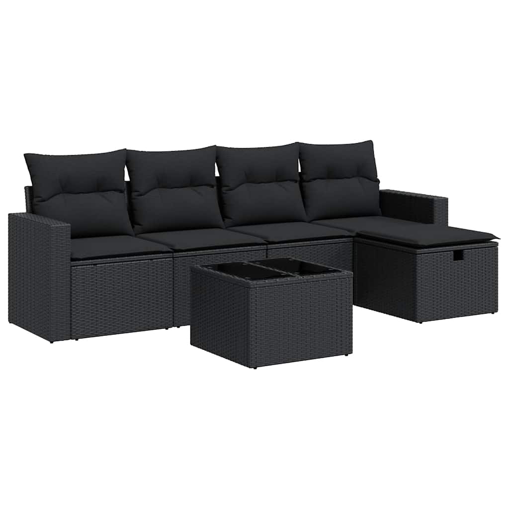 Set Divano da Giardino 6 pz con Cuscini Nero in Polyrattan