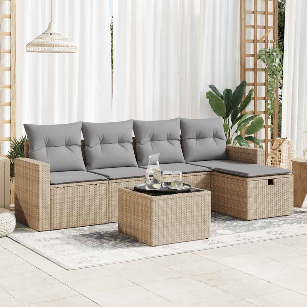 Set Divano da Giardino 6 pz con Cuscini Beige in Polyrattan