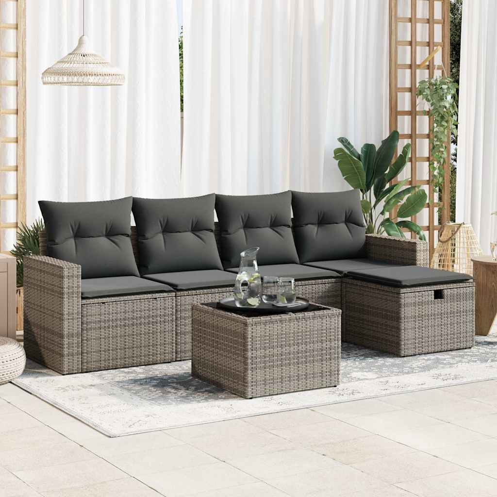 Set Divano da Giardino 6 pz con Cuscini Grigio in Polyrattan