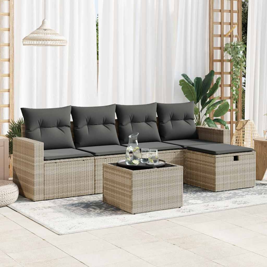 Set Divano da Giardino 6pz con Cuscini Grigio Chiaro Polyrattan