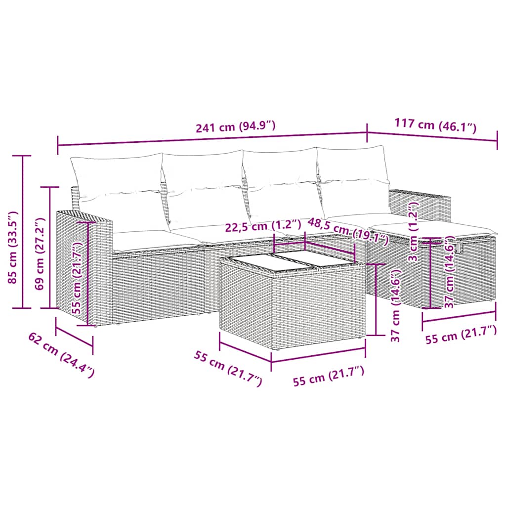 Set Divano da Giardino 6pz con Cuscini Grigio Chiaro Polyrattan