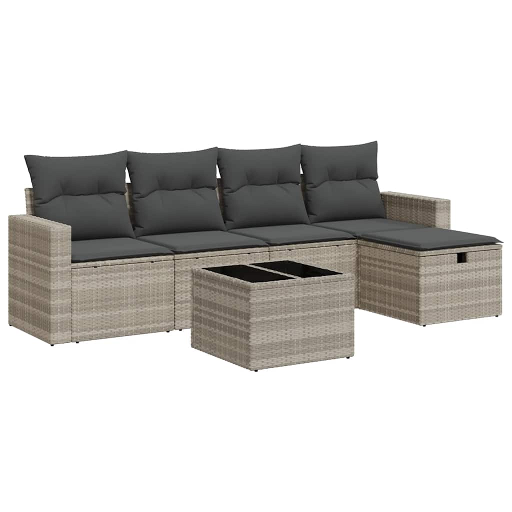 Set Divano da Giardino 6pz con Cuscini Grigio Chiaro Polyrattan
