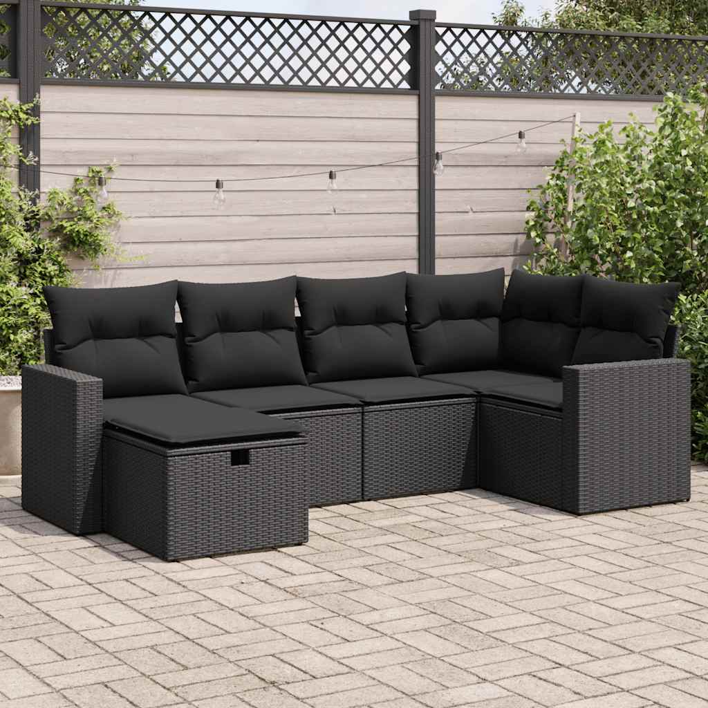 Set Divano da Giardino 6 pz con Cuscini Nero in Polyrattan