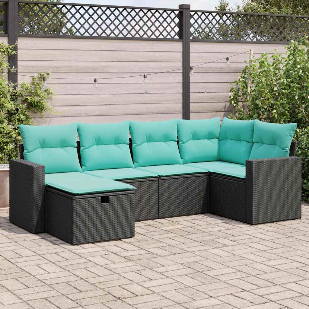 Set Divano da Giardino 6 pz con Cuscini Nero in Polyrattan