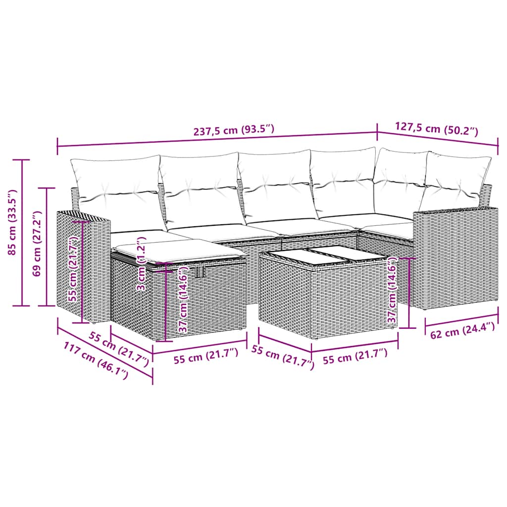 Set Divani da Giardino 7 pz con Cuscini Grigio in Polyrattan