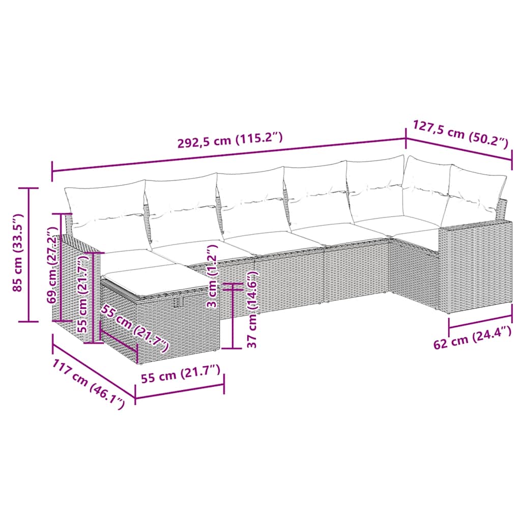 Set Divani da Giardino 7 pz con Cuscini Grigio in Polyrattan