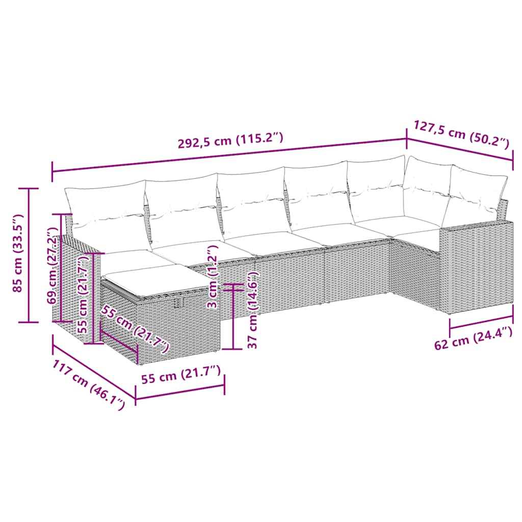 Set Divani da Giardino 7 pz con Cuscini Marrone in Polyrattan