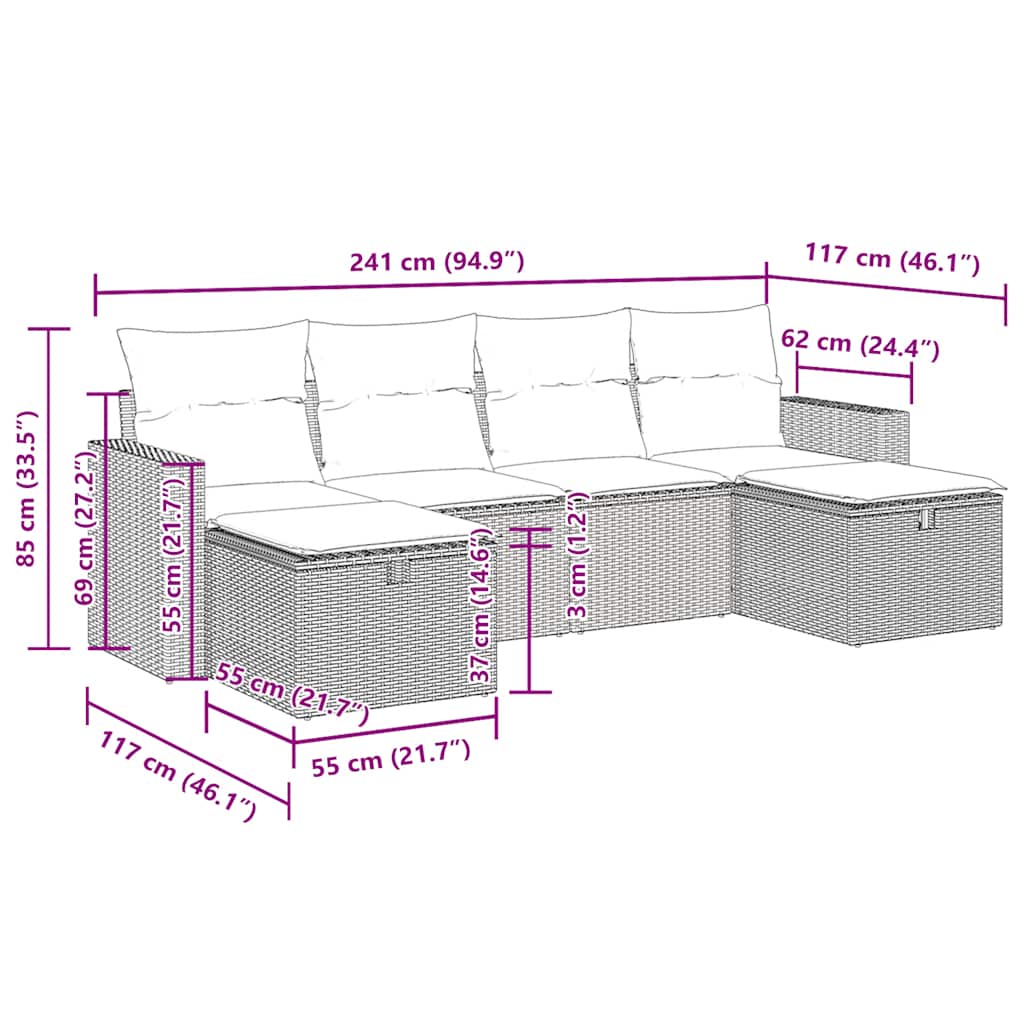 Set Divano da Giardino 6 pz con Cuscini Nero in Polyrattan