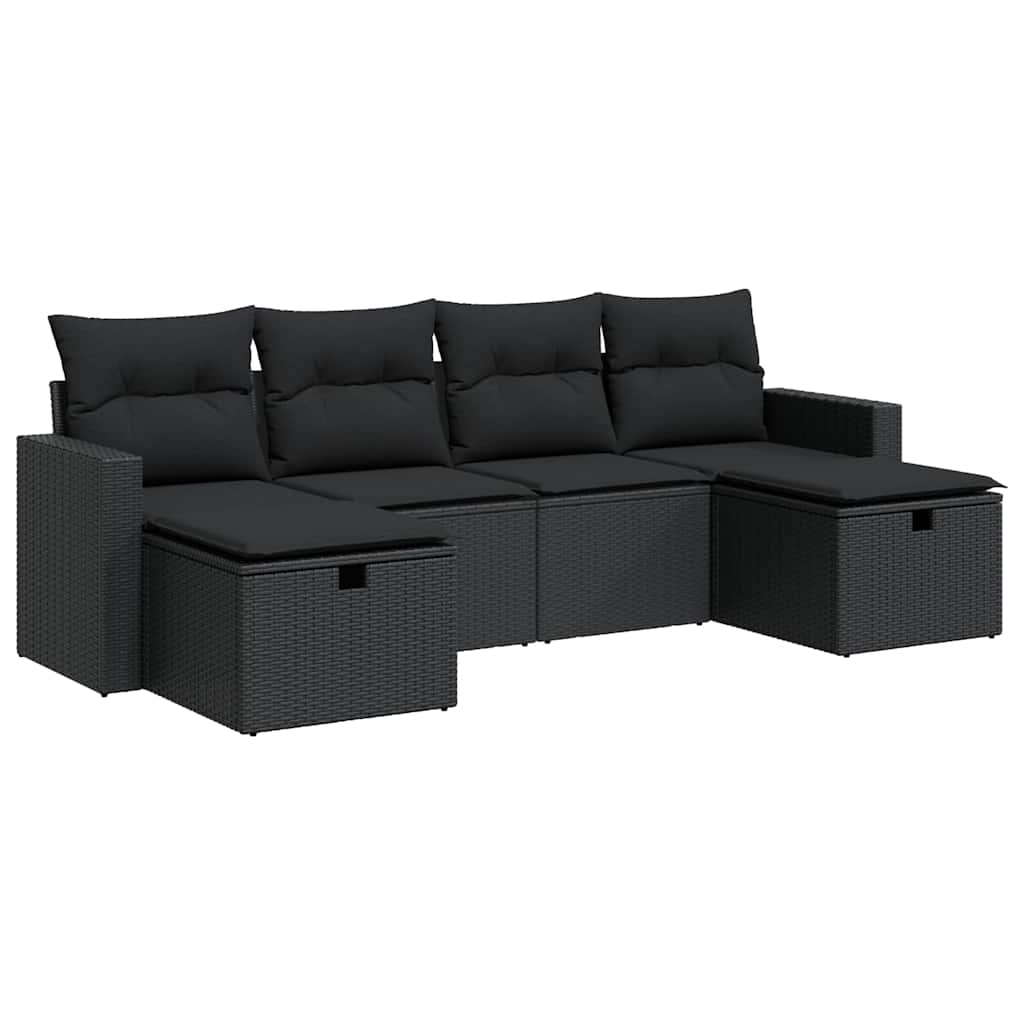 Set Divano da Giardino 6 pz con Cuscini Nero in Polyrattan