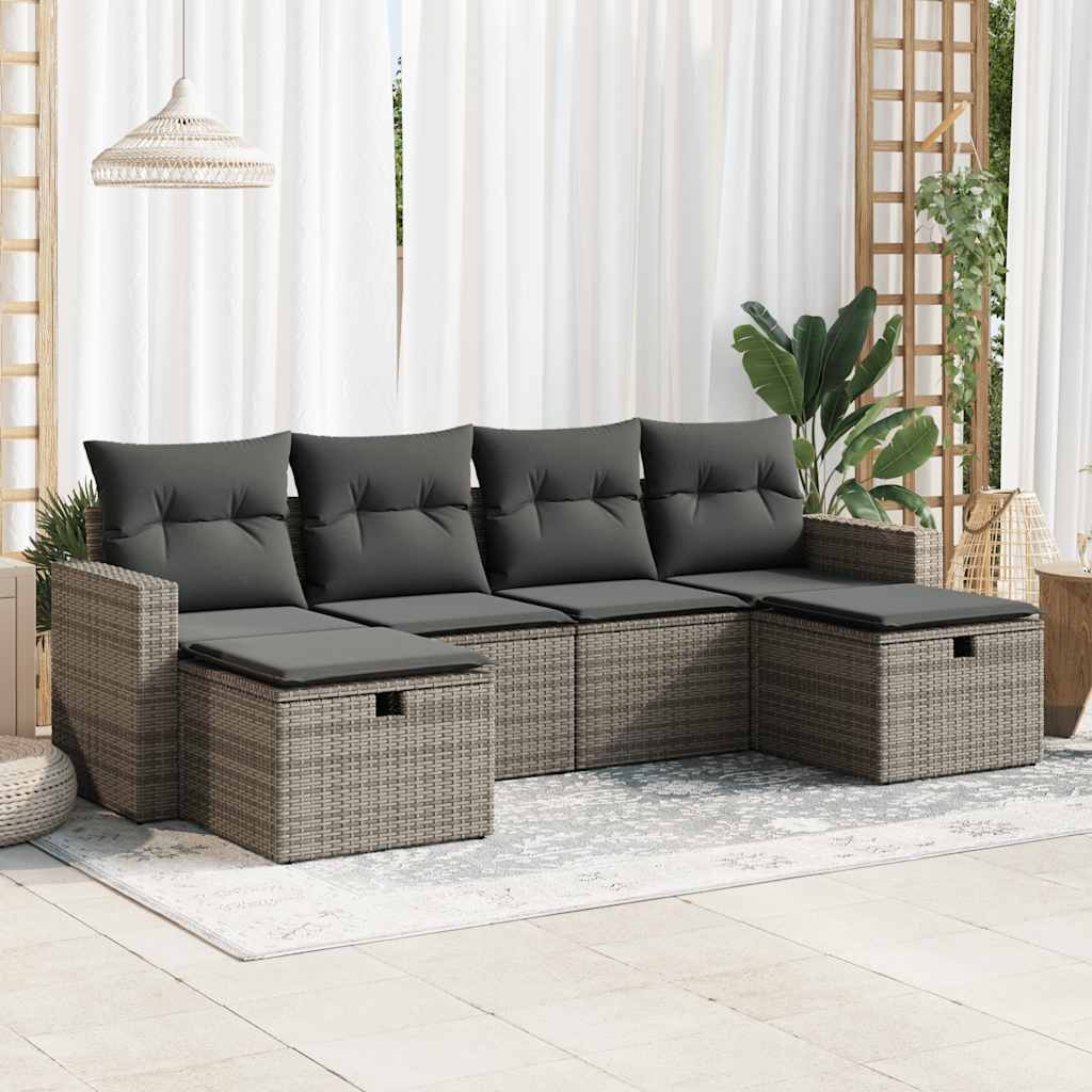 Set Divano da Giardino 6 pz con Cuscini Grigio in Polyrattan