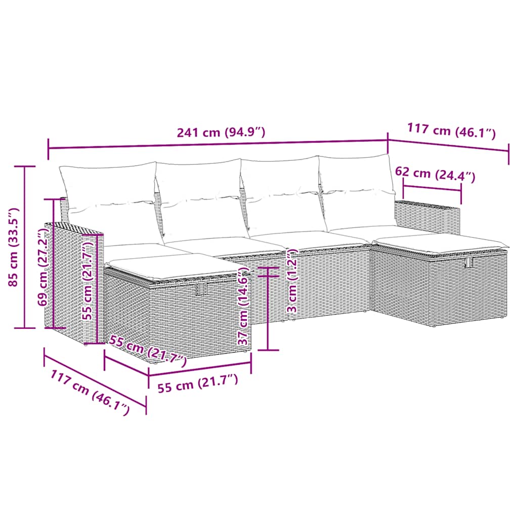 Set Divano da Giardino 6 pz con Cuscini Grigio in Polyrattan