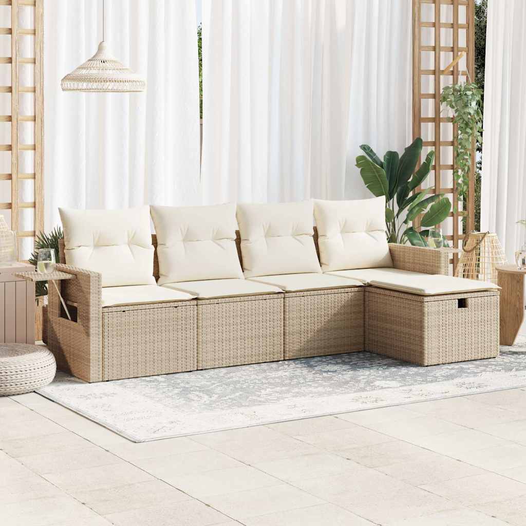 Set Divano da Giardino 5 pz con Cuscini Beige in Polyrattan