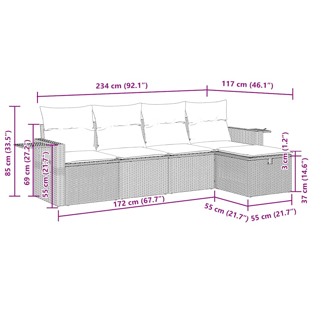 Set Divano da Giardino 5 pz con Cuscini Beige in Polyrattan