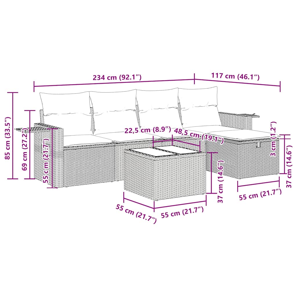 Set Divano da Giardino 6 pz con Cuscini Nero in Polyrattan