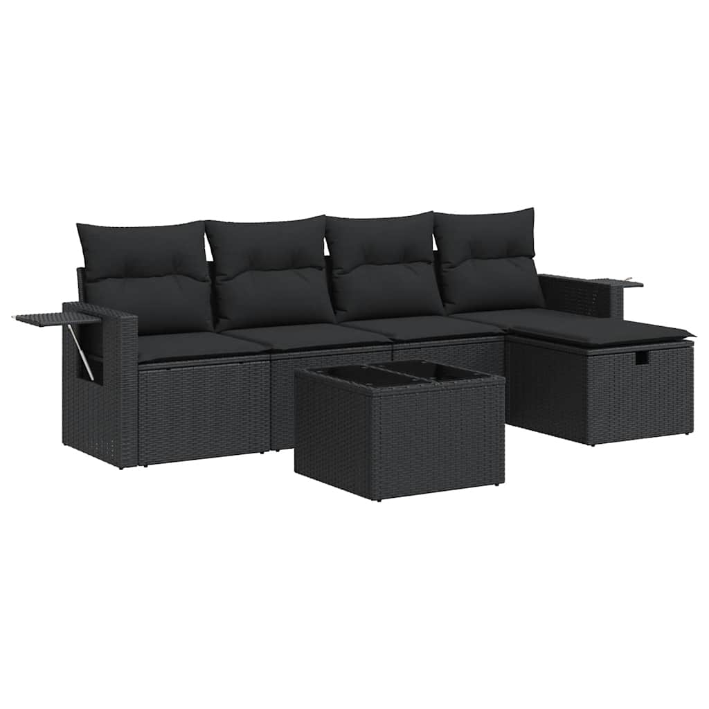 Set Divano da Giardino 6 pz con Cuscini Nero in Polyrattan