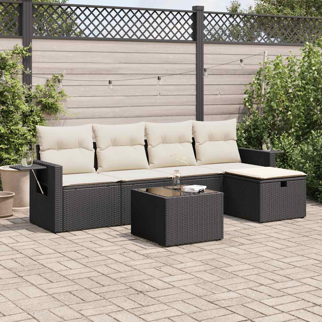 Set Divano da Giardino 6 pz con Cuscini Nero in Polyrattan