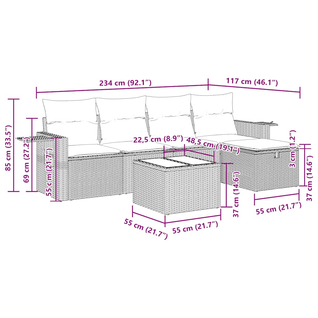Set Divano da Giardino 6 pz con Cuscini Nero in Polyrattan