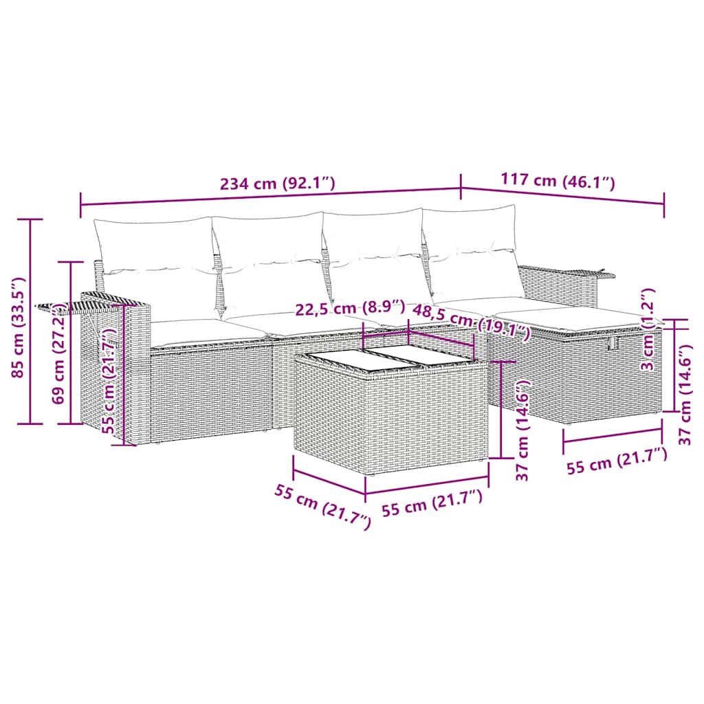 Set Divano da Giardino 6 pz con Cuscini Grigio in Polyrattan