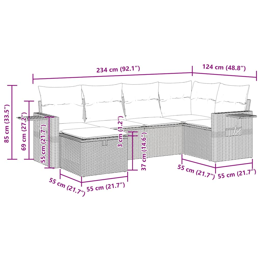 Set Divano da Giardino 6 pz con Cuscini Nero in Polyrattan