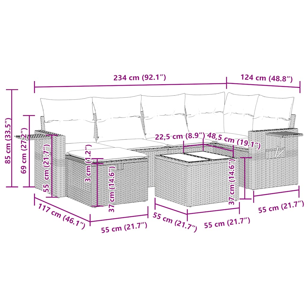 Set Divani da Giardino 7 pz con Cuscini Grigio in Polyrattan