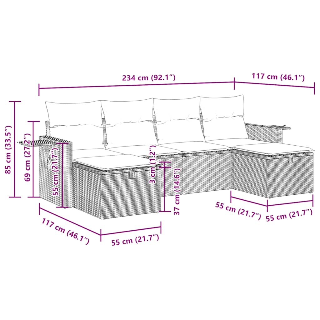 Set Divano da Giardino 6 pz con Cuscini Nero in Polyrattan