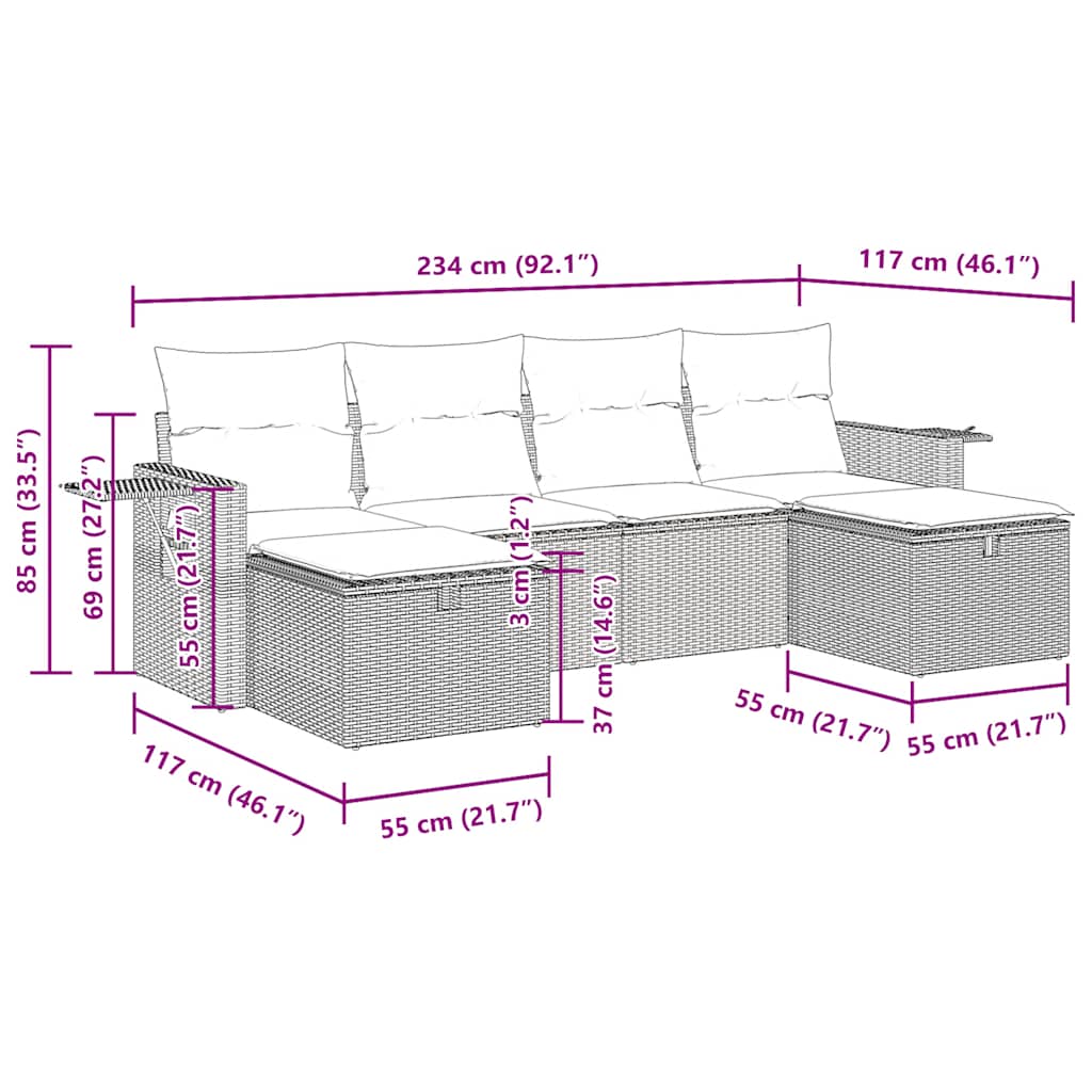 Set Divano da Giardino 6 pz con Cuscini Nero in Polyrattan