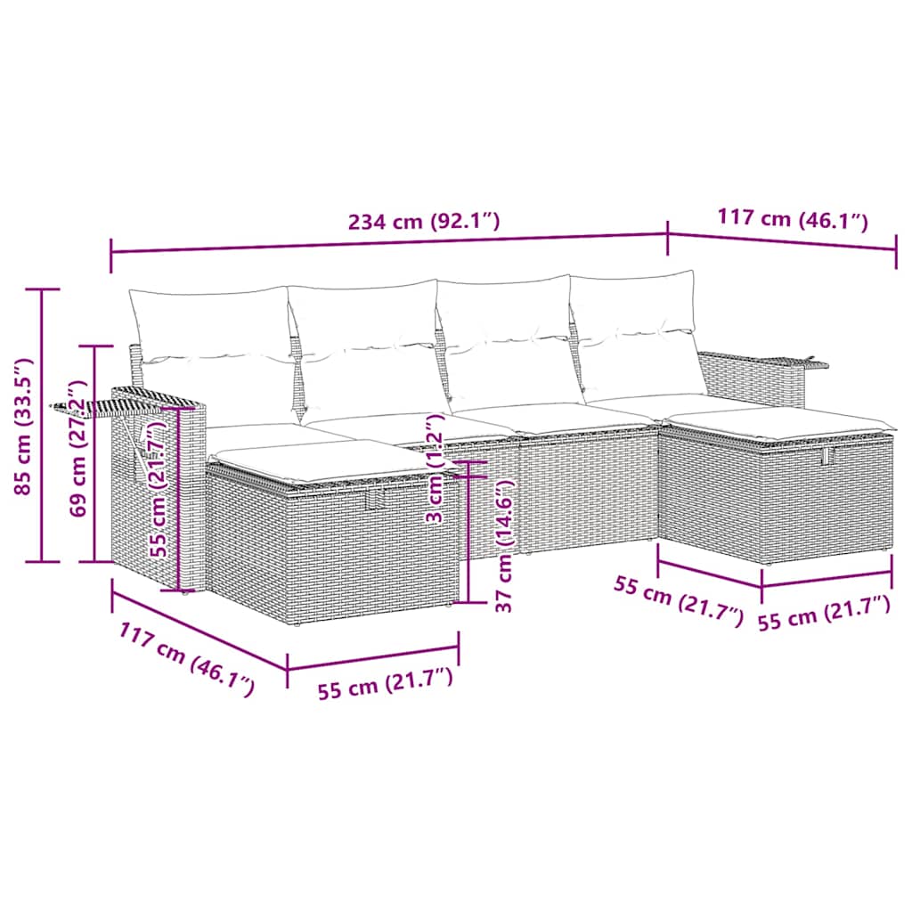 Set Divano da Giardino 6 pz con Cuscini Grigio in Polyrattan
