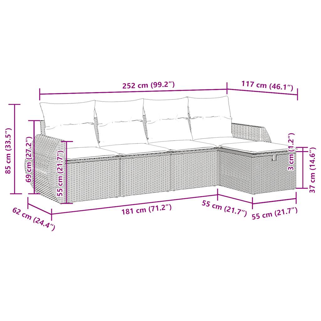 Set Divano da Giardino 5 pz con Cuscini Beige in Polyrattan