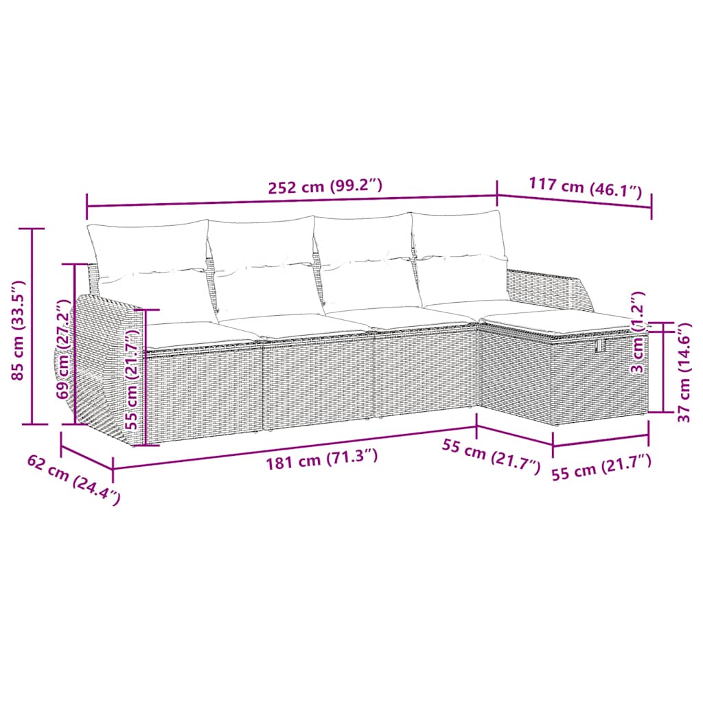 Set Divano da Giardino 5 pz con Cuscini Beige in Polyrattan