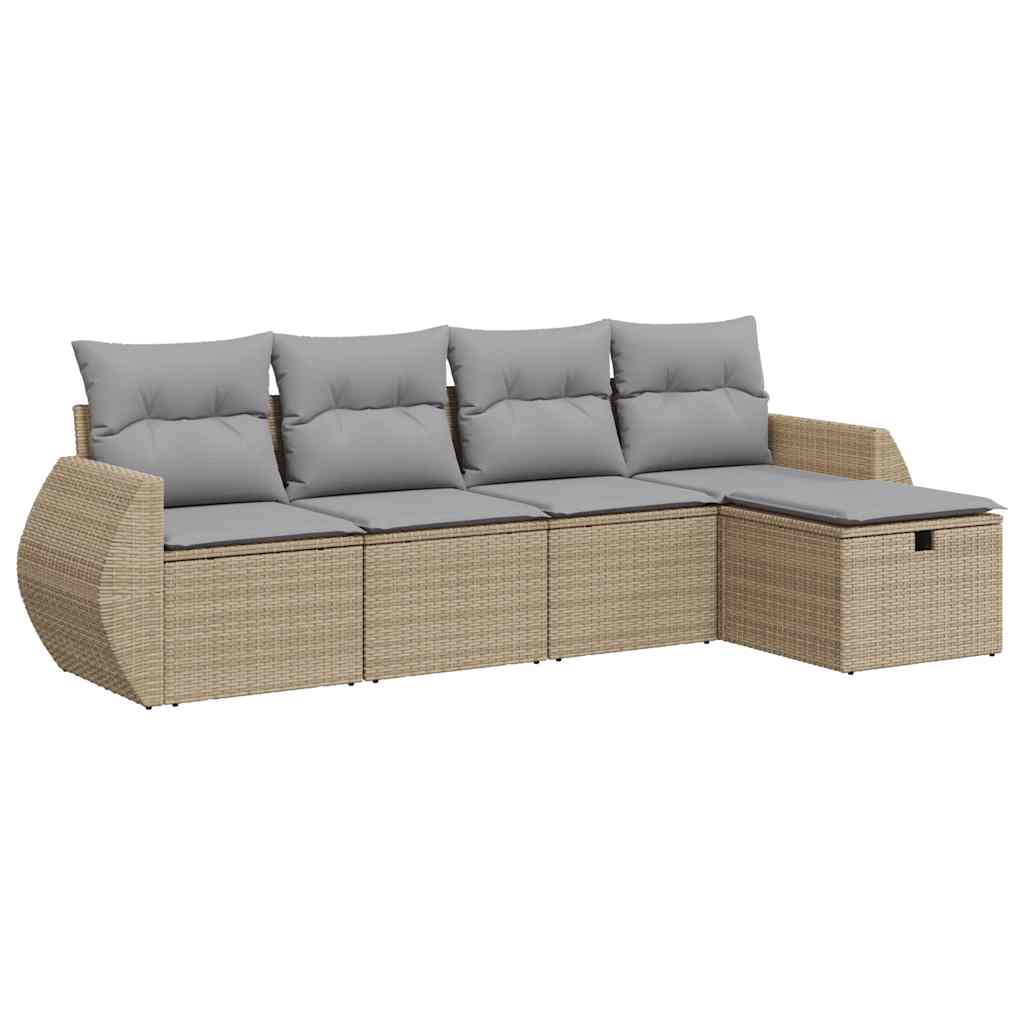 Set Divano da Giardino 5 pz con Cuscini Beige in Polyrattan