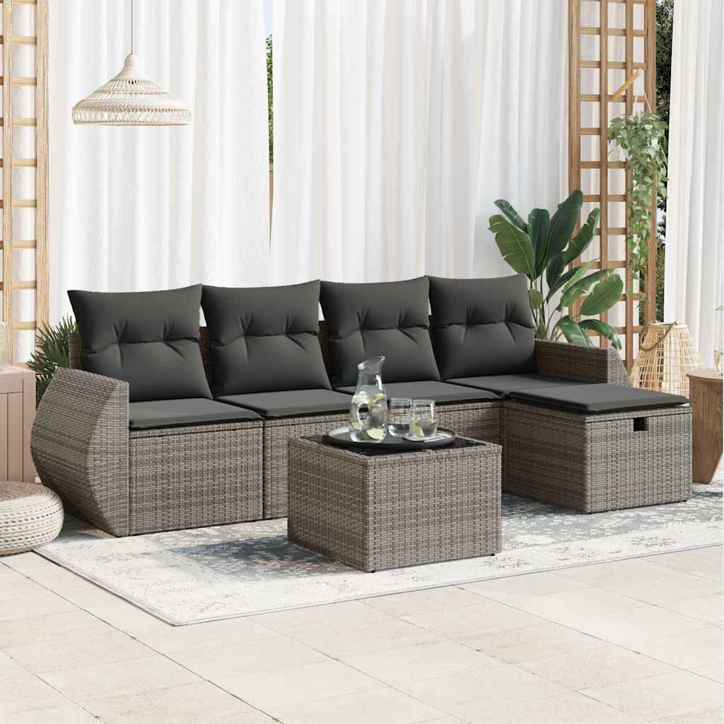 Set Divano da Giardino 6 pz con Cuscini Grigio in Polyrattan