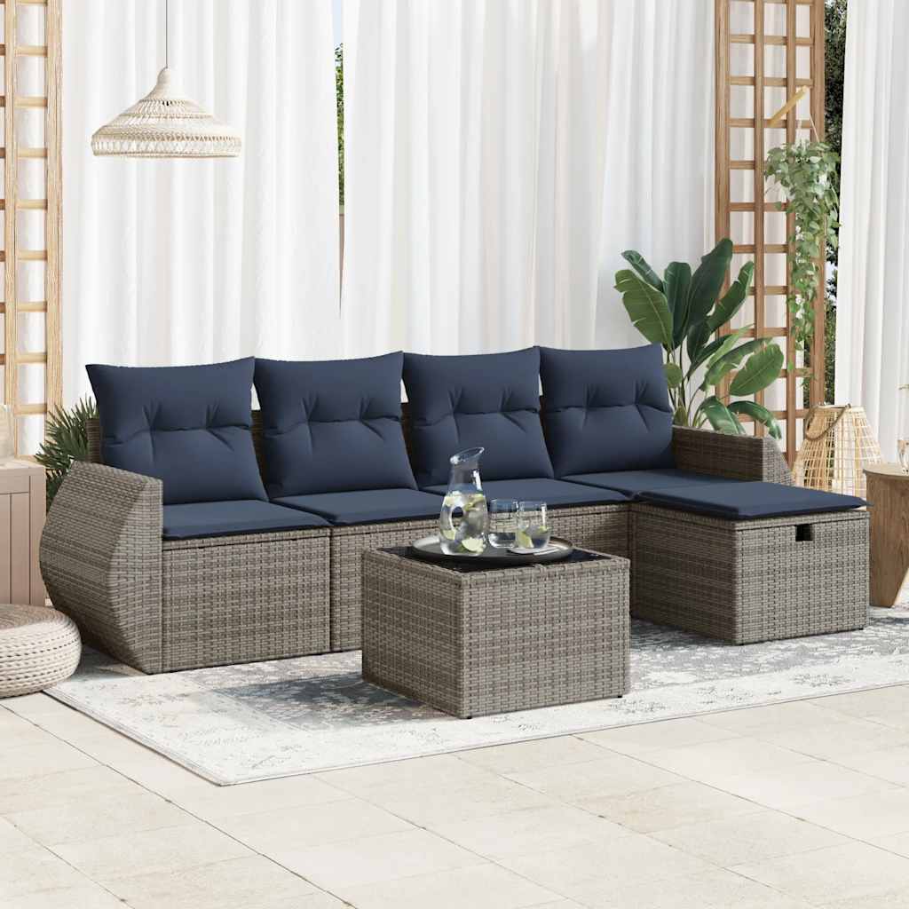 Set Divano da Giardino 6 pz con Cuscini Grigio in Polyrattan