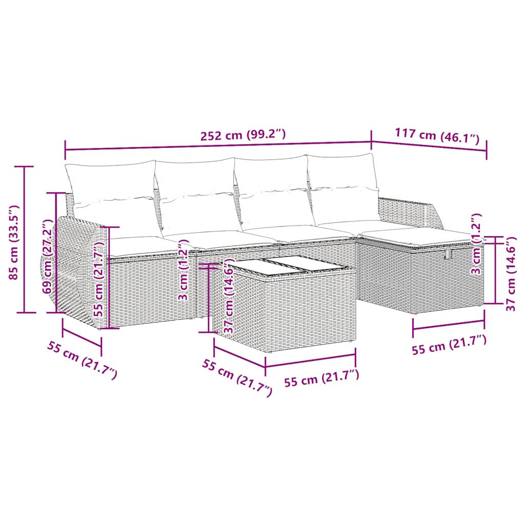 Set Divano da Giardino 6pz con Cuscini Grigio Chiaro Polyrattan