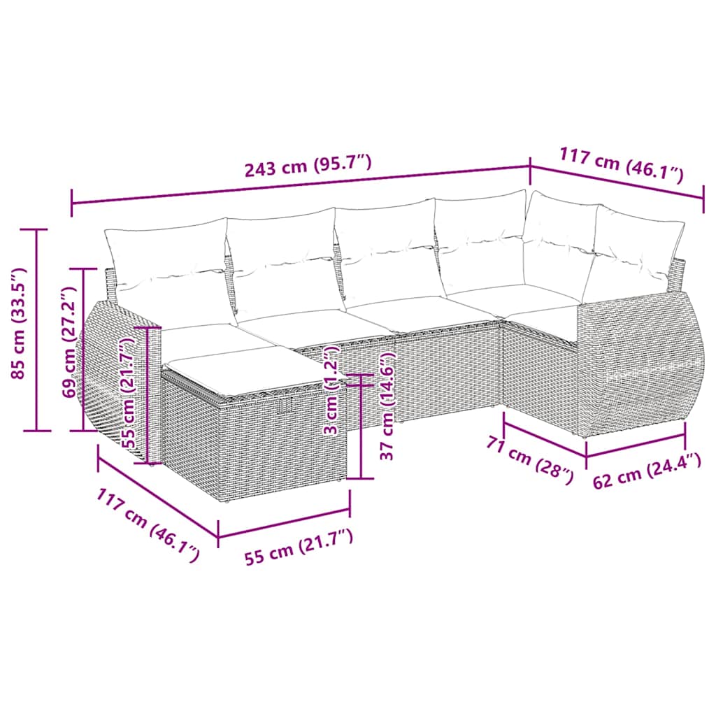 Set Divano da Giardino 6 pz con Cuscini Nero in Polyrattan