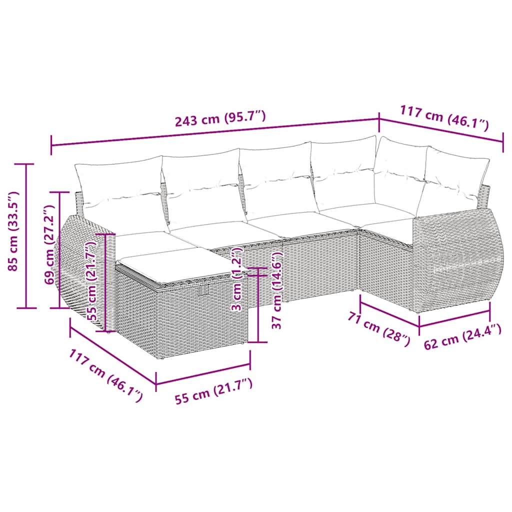 Set Divano da Giardino 6 pz con Cuscini Marrone in Polyrattan