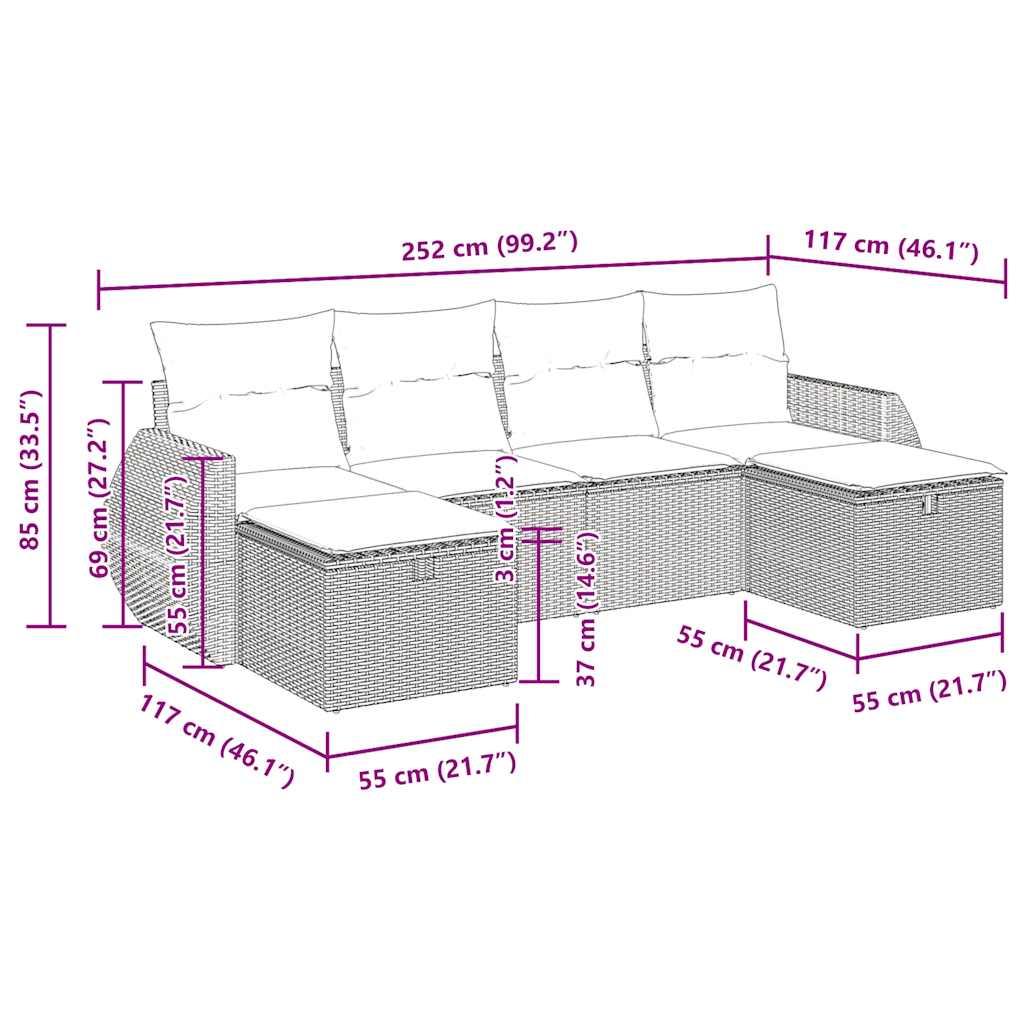 Set Divano da Giardino 6 pz con Cuscini Grigio in Polyrattan