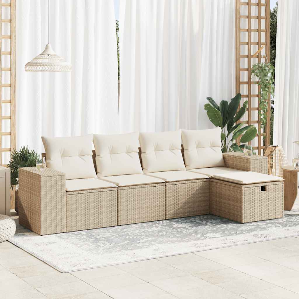 Set Divano da Giardino 5 pz con Cuscini Beige in Polyrattan