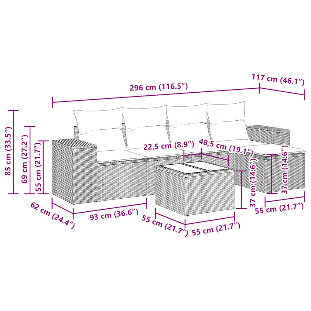 Set Divano da Giardino 6 pz con Cuscini Grigio in Polyrattan