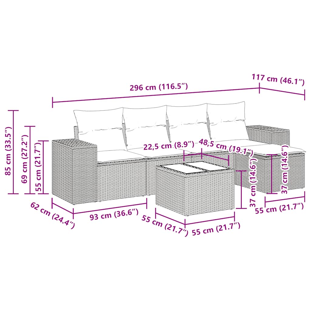 Set Divano da Giardino 6pz con Cuscini Grigio Chiaro Polyrattan