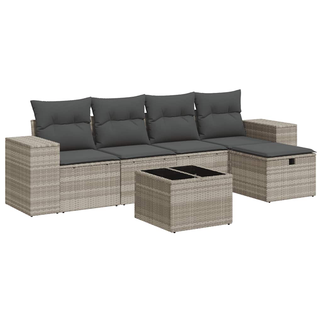 Set Divano da Giardino 6pz con Cuscini Grigio Chiaro Polyrattan