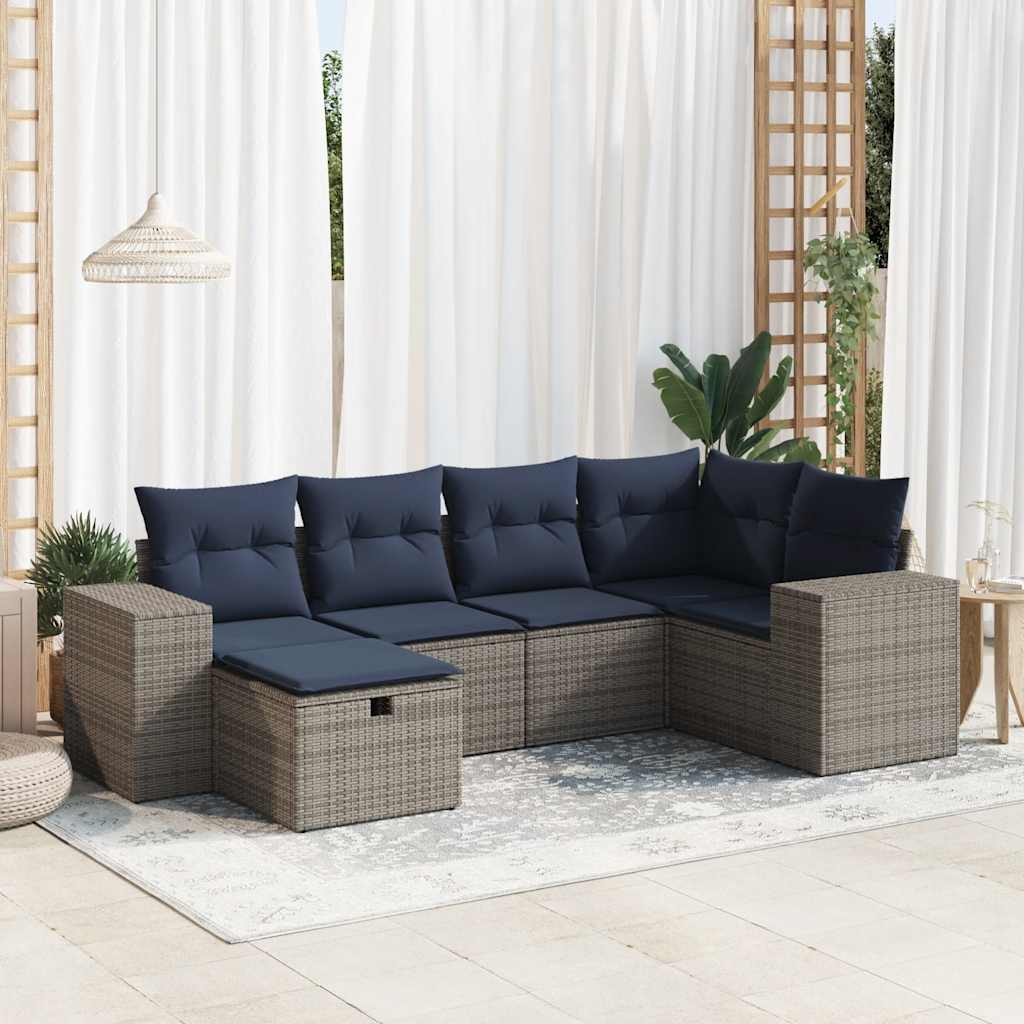 Set Divano da Giardino 6 pz con Cuscini Grigio in Polyrattan