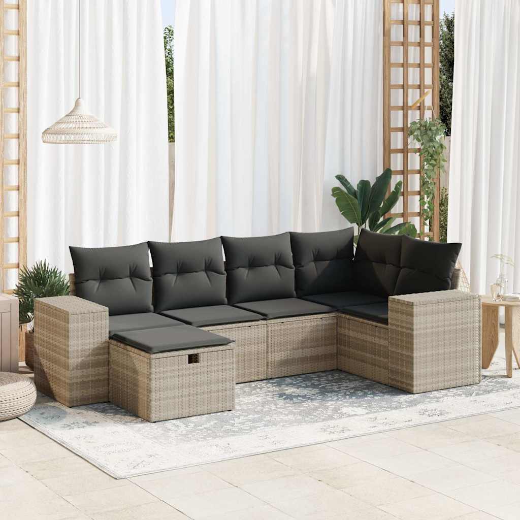 Set Divano da Giardino 6pz con Cuscini Grigio Chiaro Polyrattan