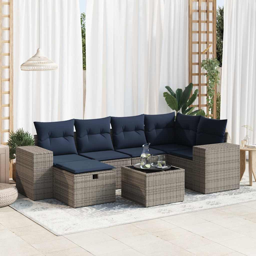 Set Divani da Giardino 7 pz con Cuscini Grigio in Polyrattan